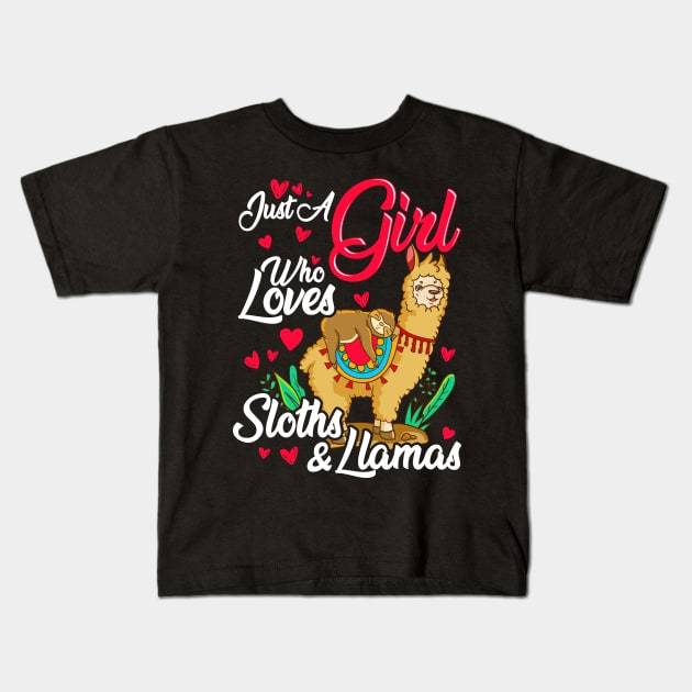 Cute Just A Girl Who Loves Sloths & Llamas Kids T-Shirt by theperfectpresents
